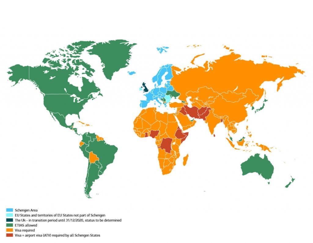 Map of the world with the Schengen Area and the countries allowed to travel with ETIAS.